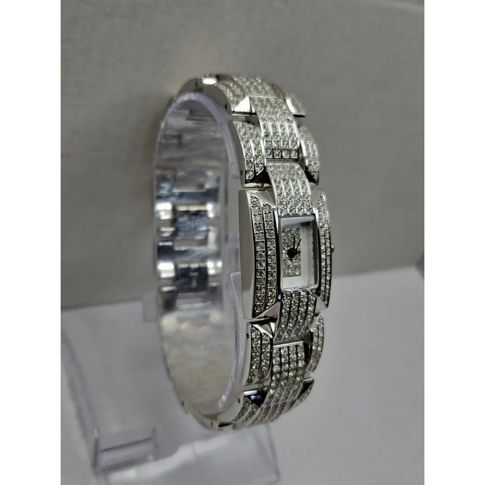 Suzanne Somers Womens Pave Rhinestone Tank Watch Silver Tone Y2K New Battery